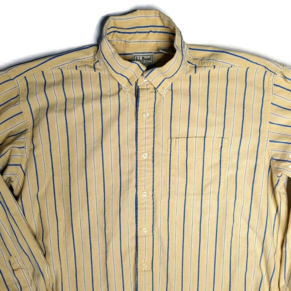LL Bean Men's L 100% Cotton Long Sleeve Button Work Shirt Yellow Stripe Heavy